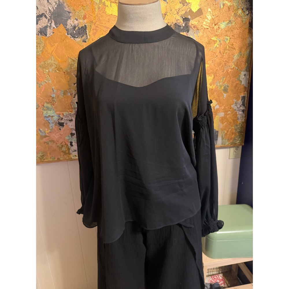 Calista Black Sheer Overlay Blouse Size Medium Flowy Chiffon Layered Top M